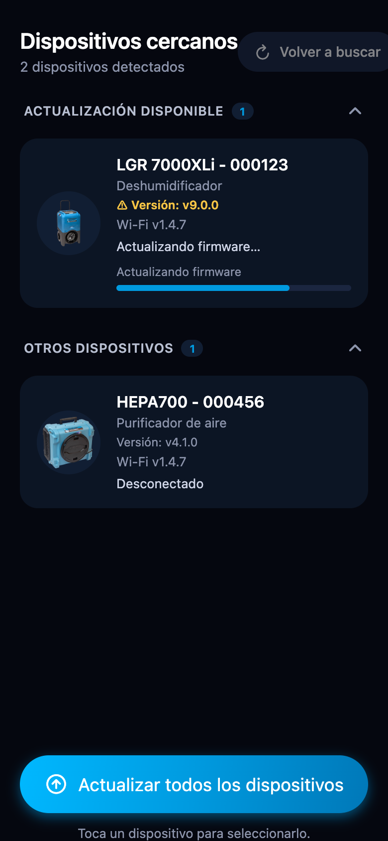Tarjeta de dispositivo durante una actualización de firmware