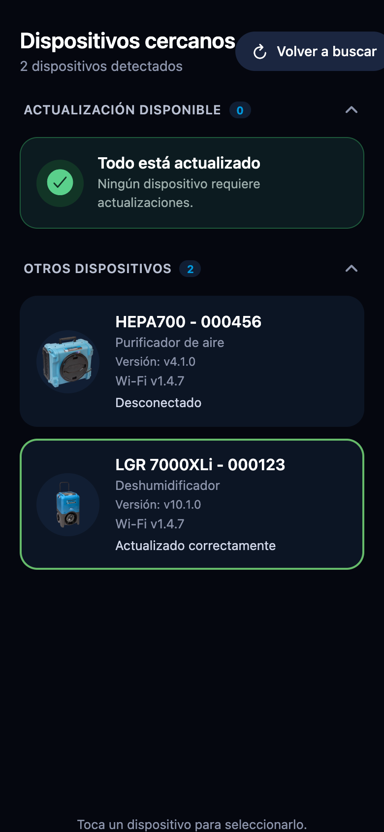 Tarjeta de dispositivo tras una actualización correcta