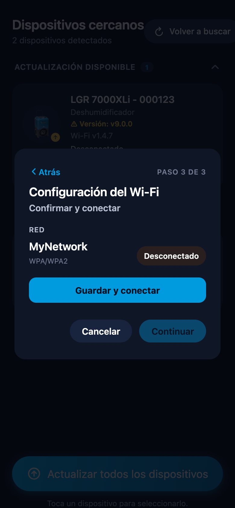 Configuración del Wi-Fi: confirmación y estado de conexión