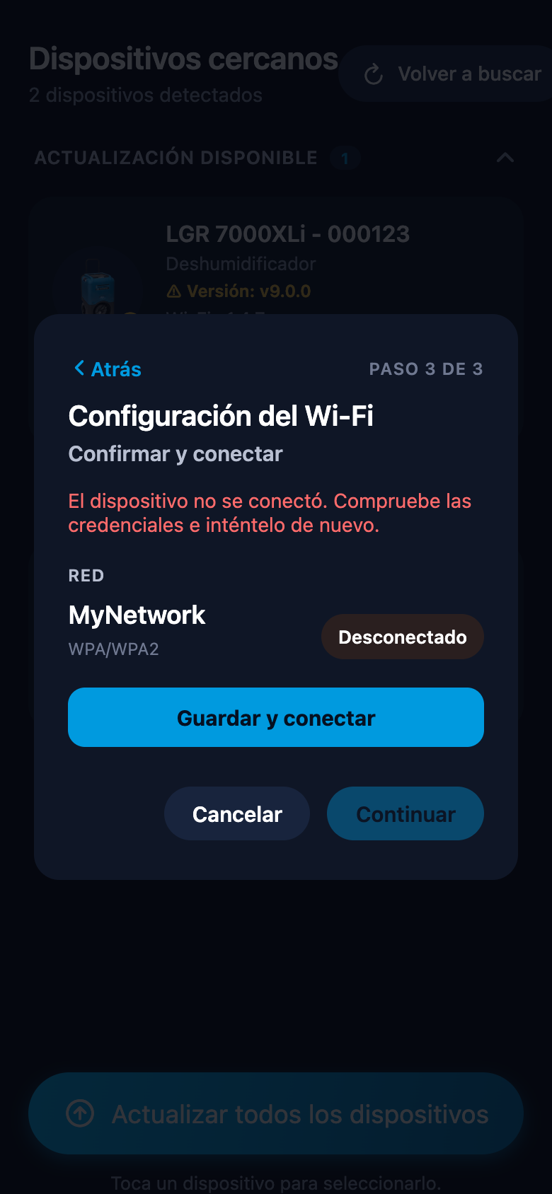 Ventana de configuración del Wi-Fi mostrando el error de conexión