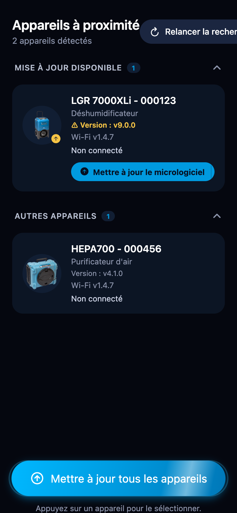 Liste des appareils avec les deux sections