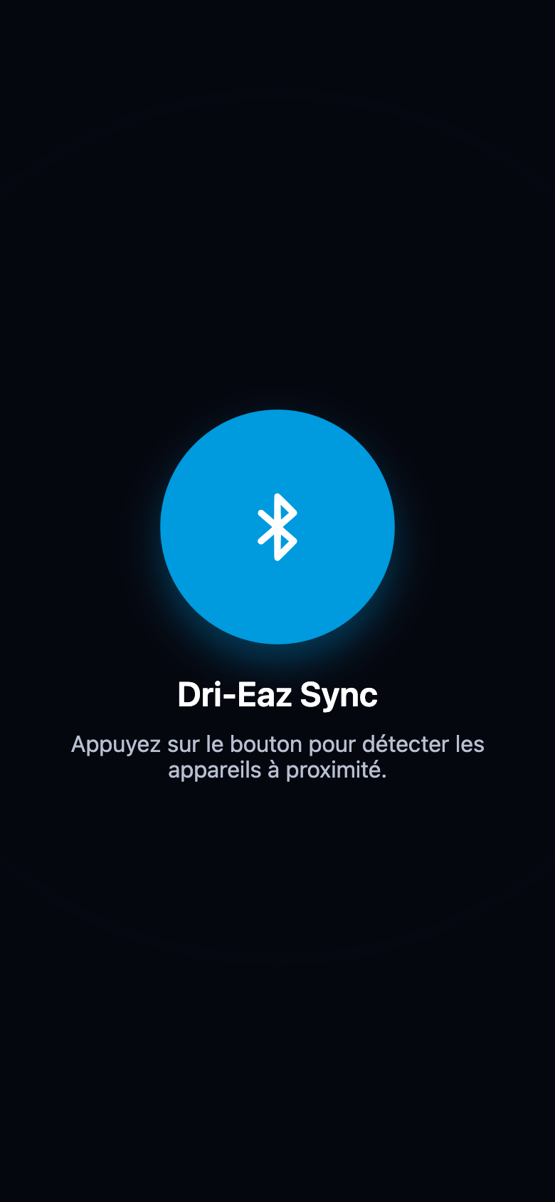 Écran d'accueil avec le bouton rond de recherche