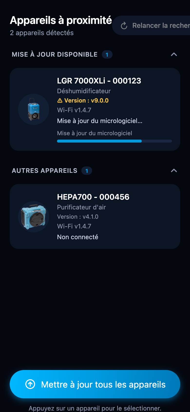 Carte d'appareil pendant une mise à jour du micrologiciel