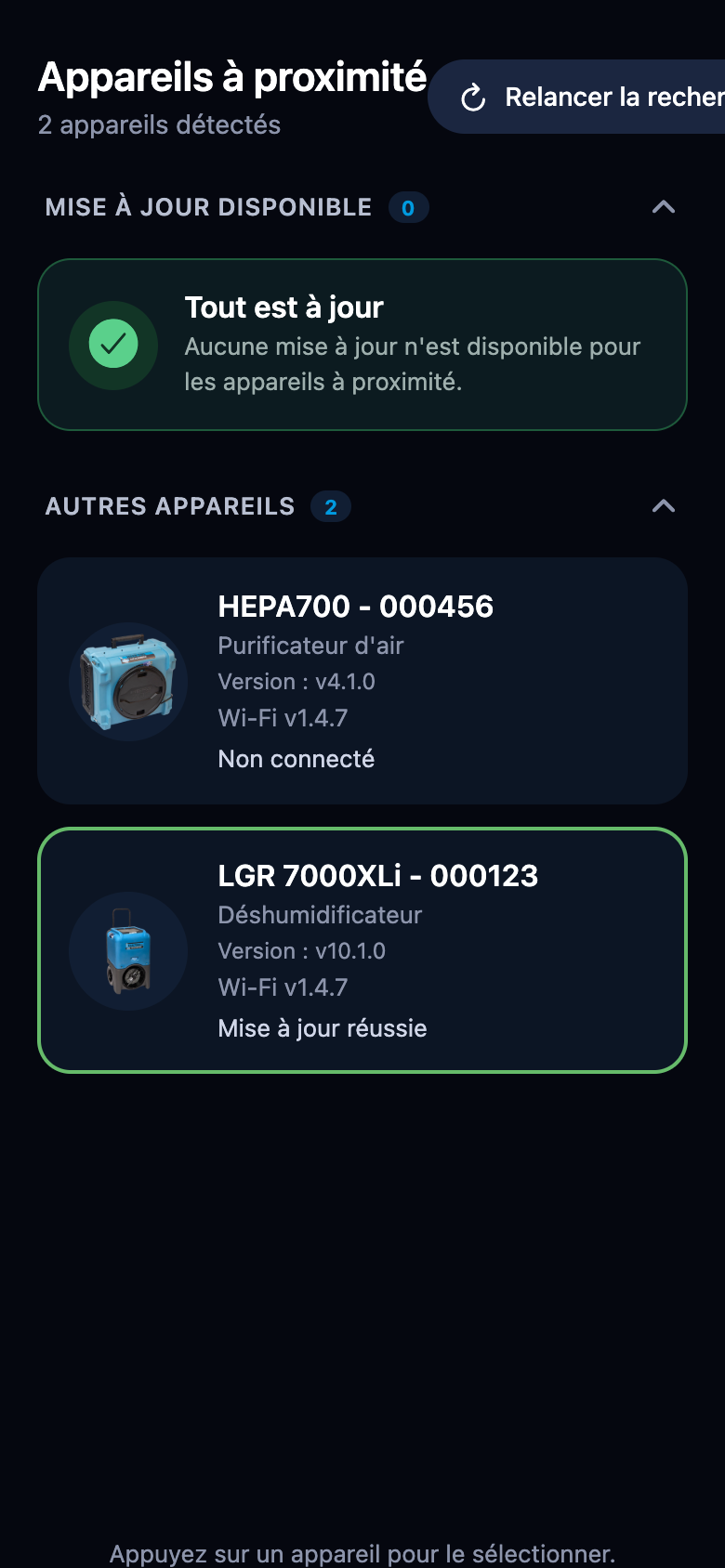 Carte d'appareil après une mise à jour réussie