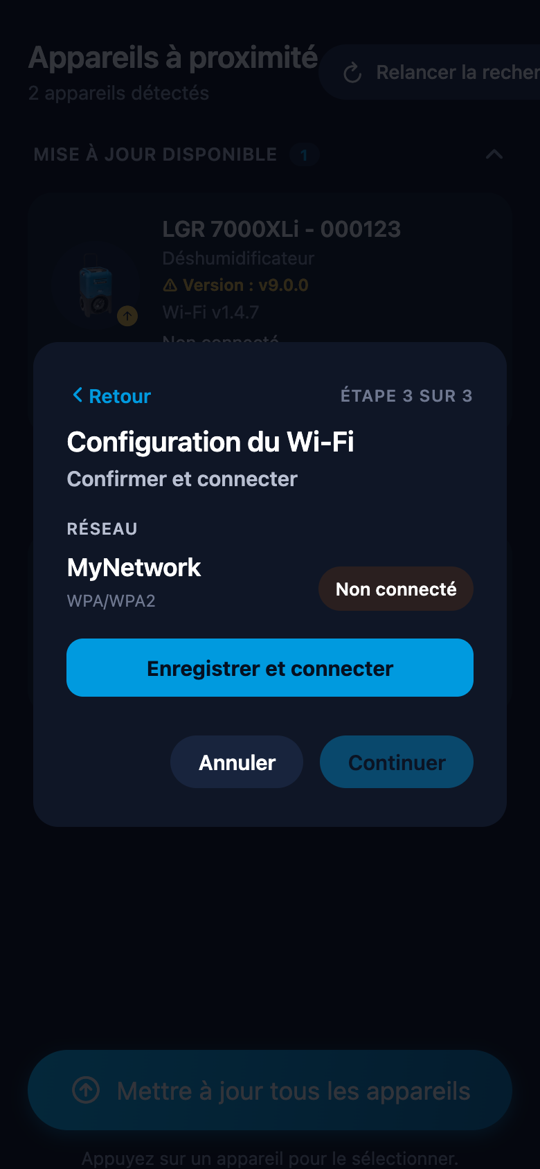 Configuration du Wi-Fi : confirmation et état de connexion