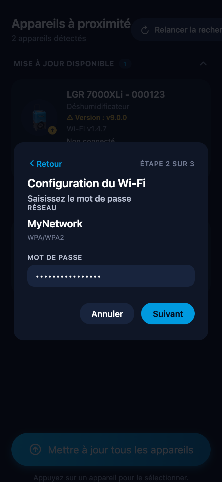 Configuration du Wi-Fi : étape du mot de passe