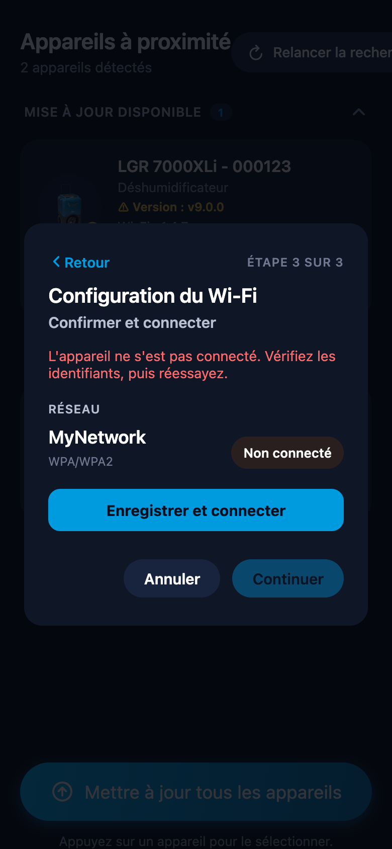 Fenêtre de configuration du Wi-Fi affichant l'erreur de connexion