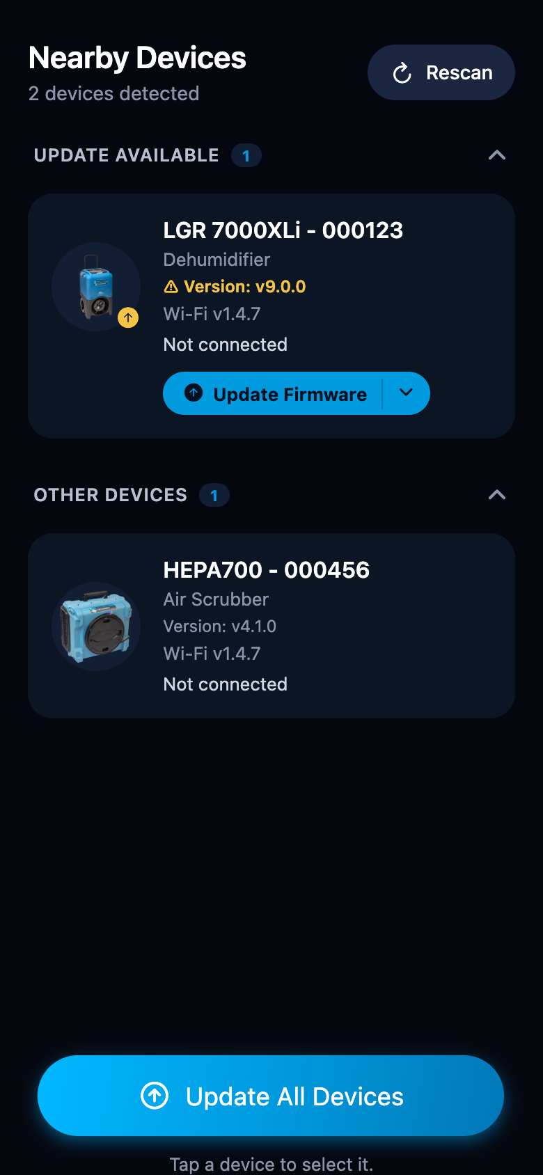 Device list with both sections