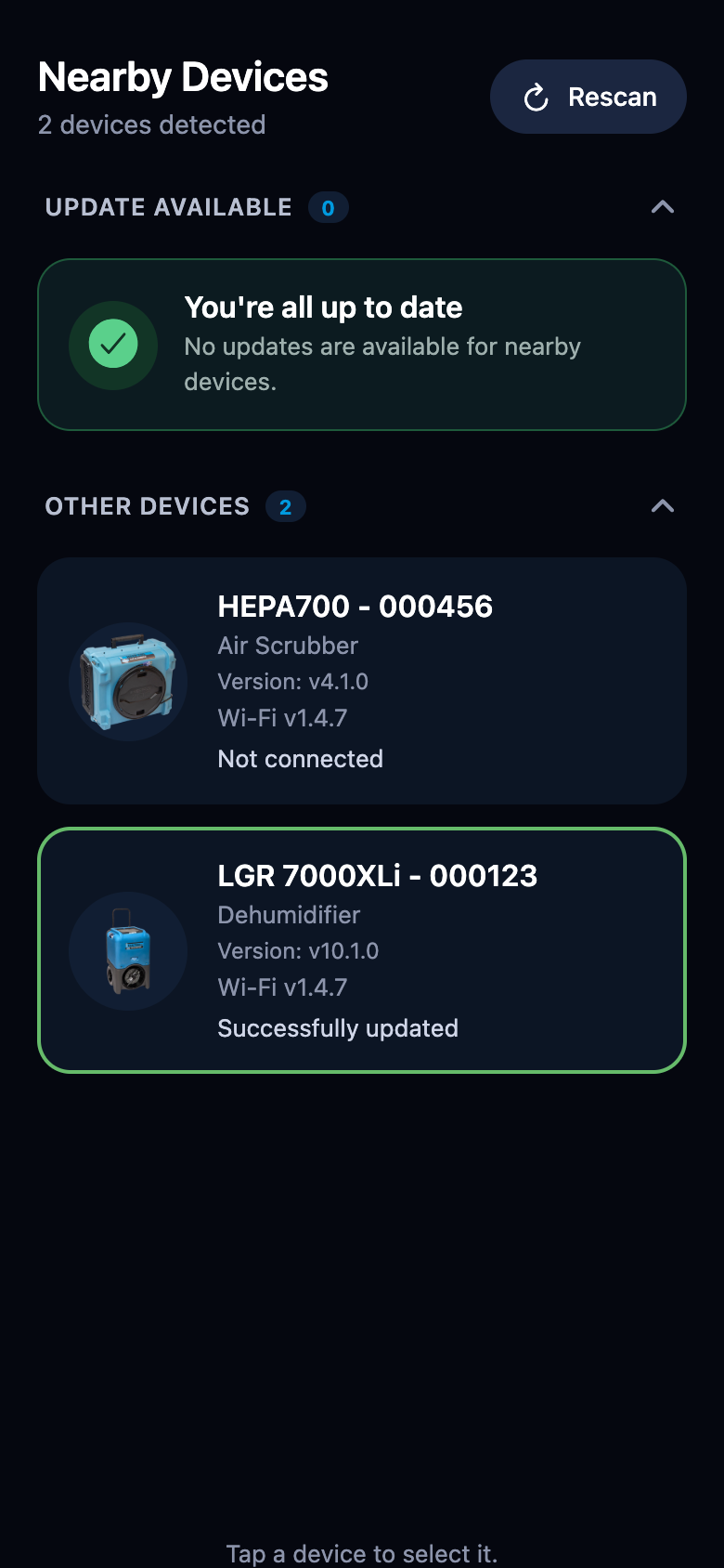 Device card after a successful update