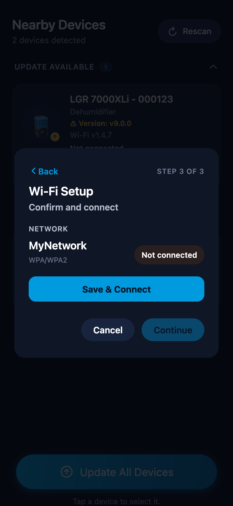 Wi-Fi setup: confirmation and connection status