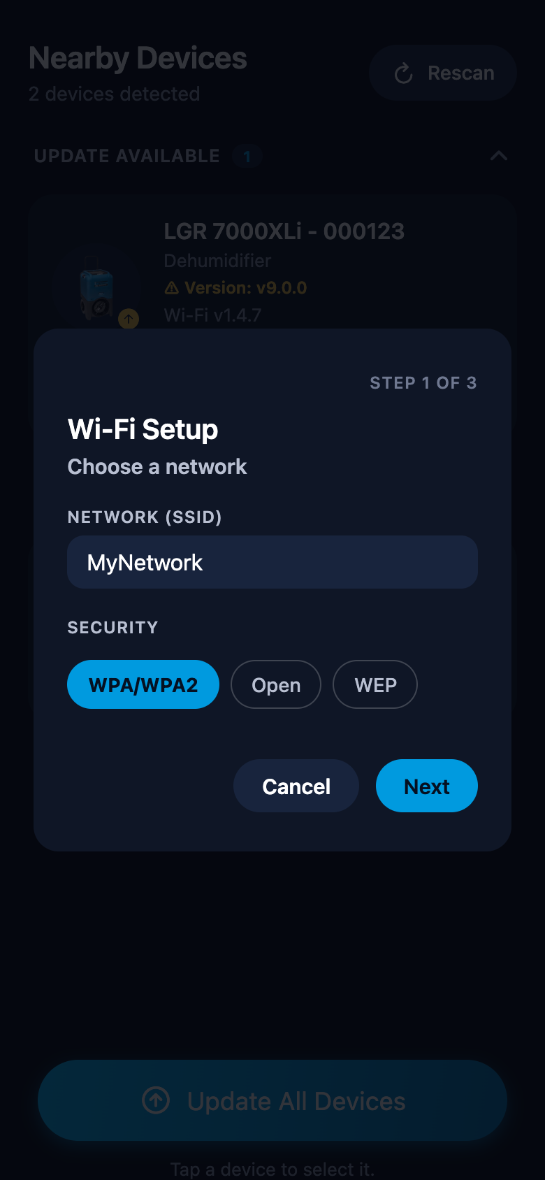 Wi-Fi setup: entering the network name and security manually