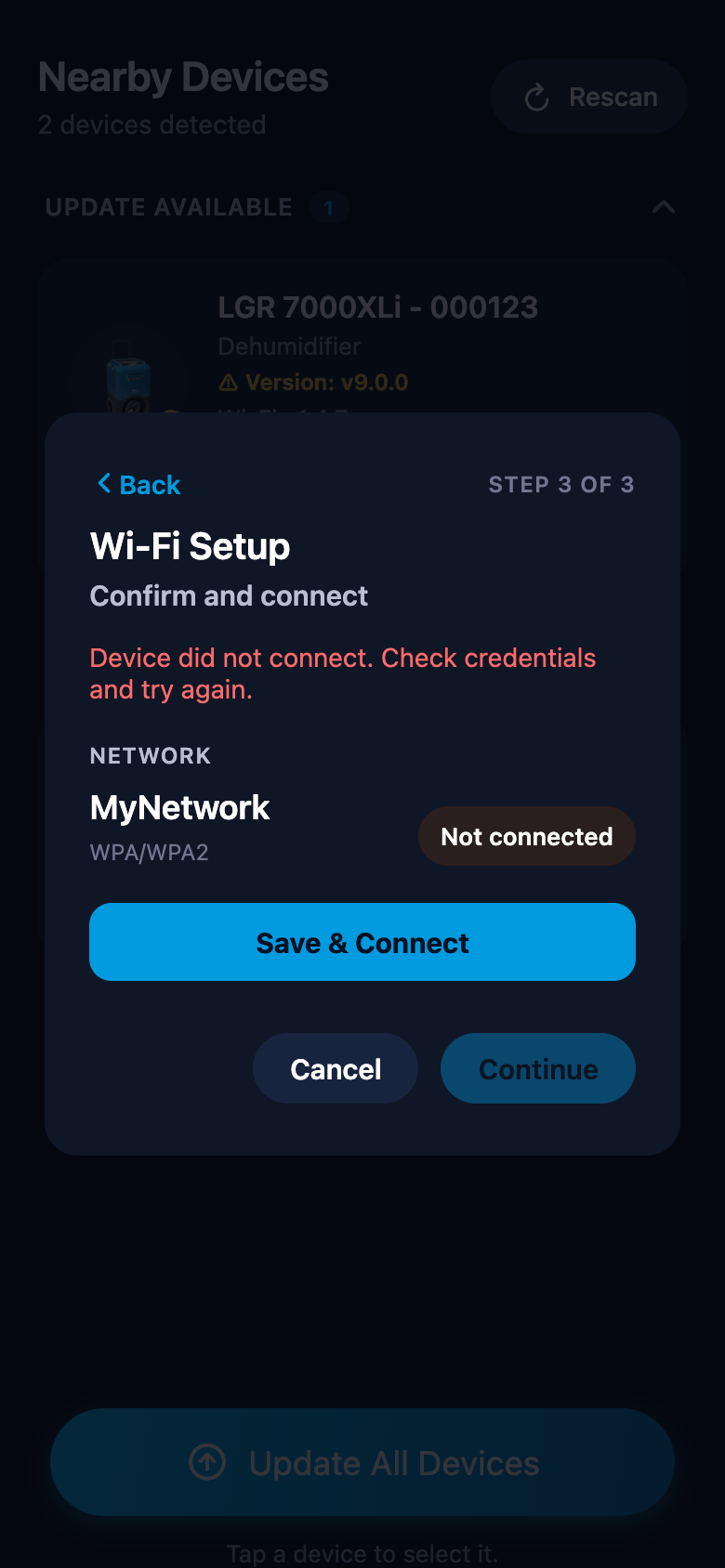 Wi-Fi Setup window showing the connection error